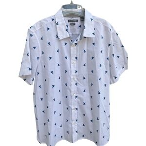 Savane Mens XXL Short Sleeve Button Down Shirt White Blue Sailboat Print Stretch